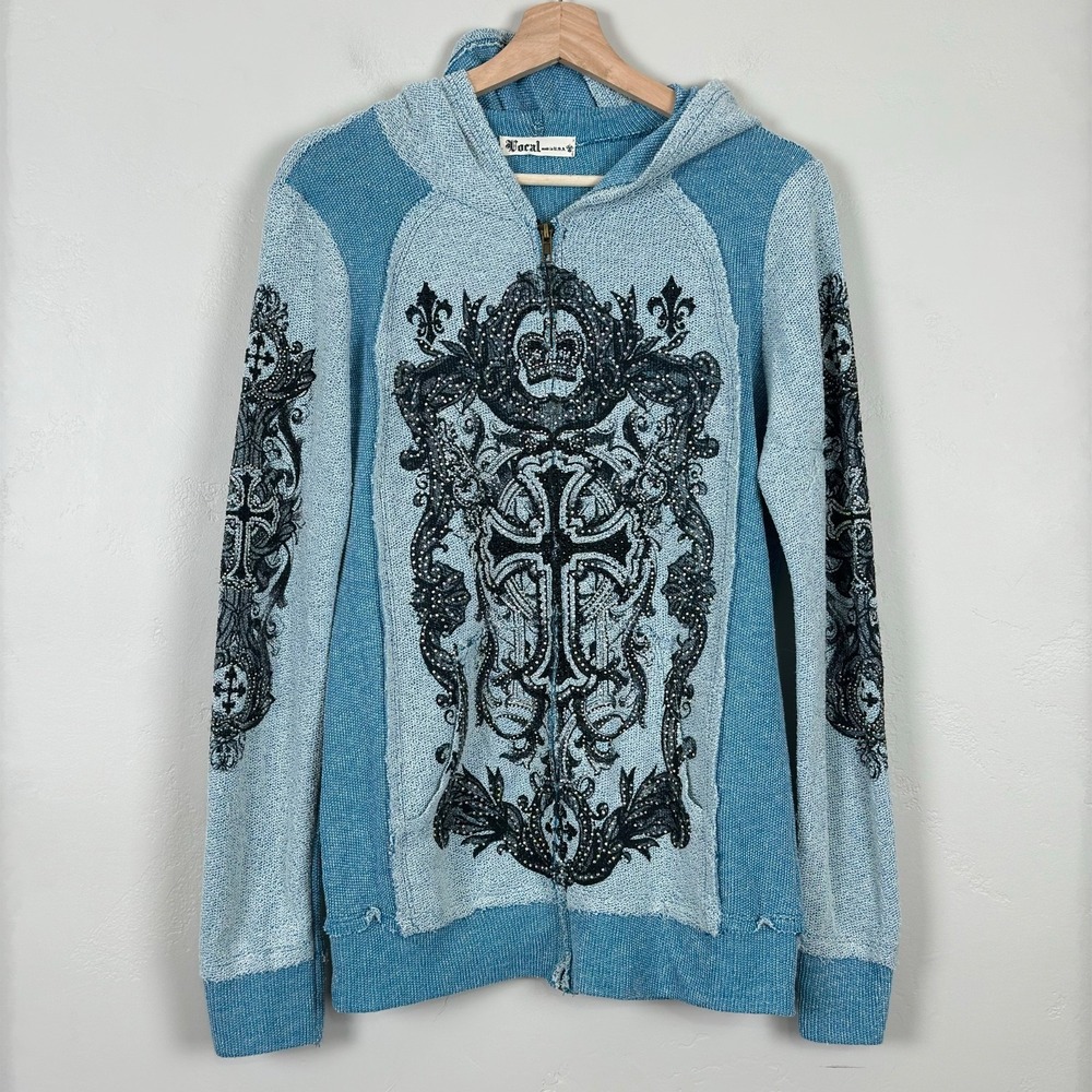 Women Y2K Graphic Grunge Jacket Sz Large Hoodie Cross Rhinestone Tattoo Full Zip